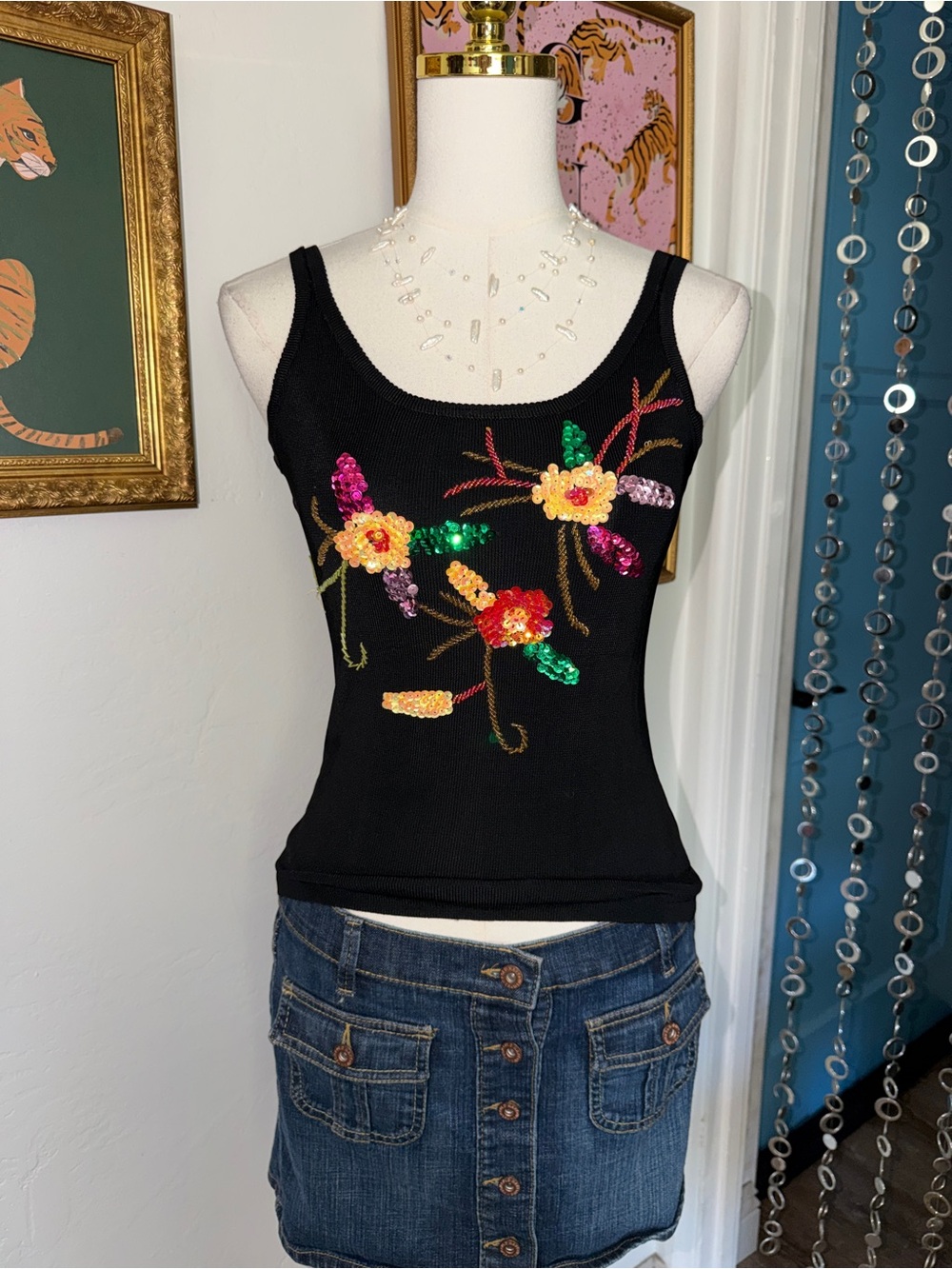 Vintage Y2K Black Sequin Floral Tank Top